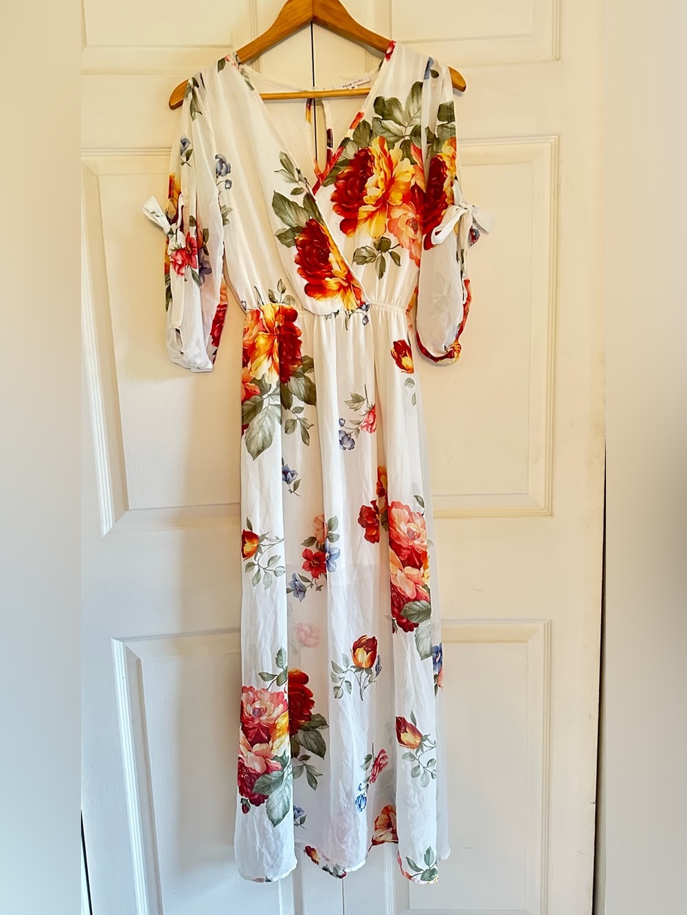 Floral White Maxi Dress with Red & Yellow Blooms